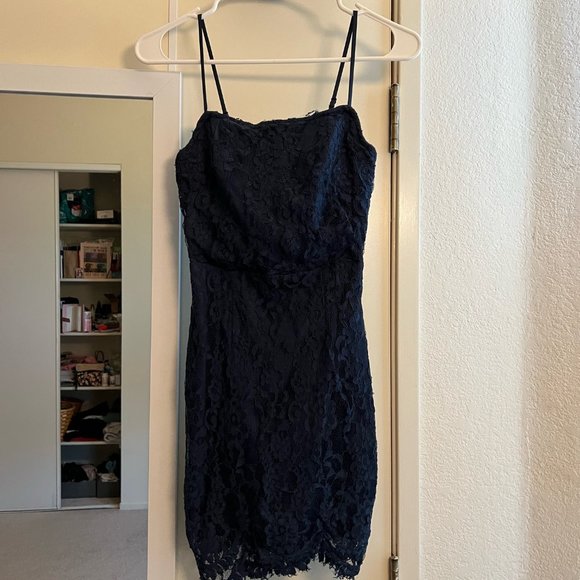 Lulu's Romantic Fate Navy Blue Lace Bodycon Mini Dress - Picture 1 of 3